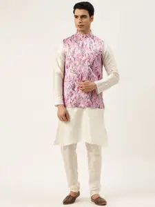 SOJANYA Men Off White Solid Kurta Set With Printed Jacket