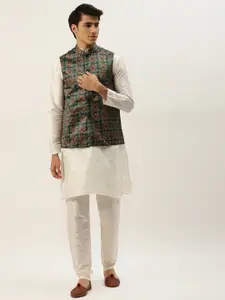 SOJANYA Men White Kurta with Churidar & Nehru Jacket