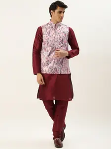 SOJANYA Men Maroon & Pink Kurta with Churidar And Nehru Jacket