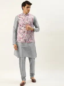 SOJANYA Men Grey Kurta with Churidar & Nehru Jacket