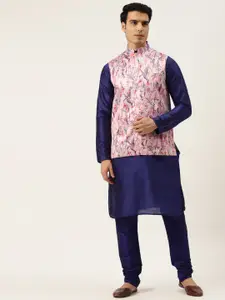 SOJANYA Men Navy Blue Kurta with Churidar & Nehru Jacket