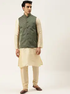 SOJANYA Men Beige & Green Solid Kurta with Churidar