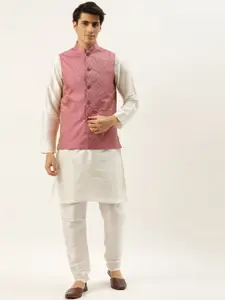SOJANYA Men Off White & Pink  Jacquard Woven Design Kurta with Churidar & Nehru Jacket