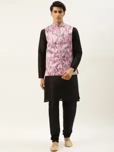 SOJANYA Men Black Solid Kurta with Churidar & Nehru Jacket