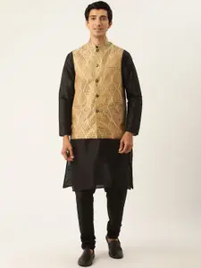 SOJANYA Men Black Kurta with Churidar & Nehru Jacket