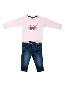 MeeMee Girls Pink & Blue Printed Cotton T-shirt with Trousers