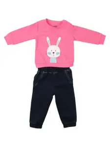 MeeMee Girls Pink & Black Printed T-shirt with Trousers