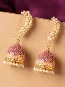 OOMPH Gold-Toned & Pink  Meenakari Enamel Pearls Ethnic Jhumka