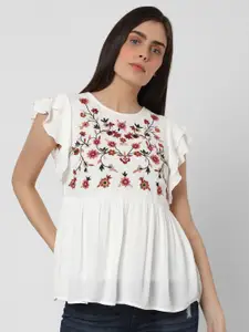 Vero Moda White Floral Embroidered Flutter Sleeve Regular Top