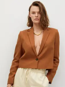 MANGO Women Brown Solid Regular Fit Single Breasted Sustainable Cropped Blazer