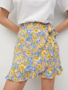 MANGO Blue & Yellow Floral Printed Sustainable Mini Wrap Skirt