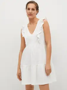 MANGO White Solid Sustainable Organic Cotton Ruffled A-Line Dress