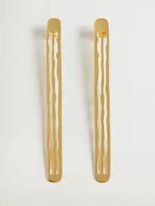 MANGO Gold-Toned Geometric Drop Earrings with Metallic Finish