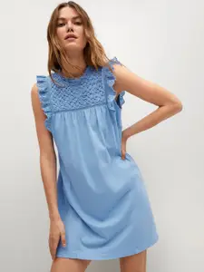 MANGO Women Blue Solid A-Line Sustainable Dress With Lace Inserts