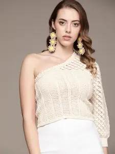MANGO Women Off White One-Shoulder Cable Knit Sustainable Cotton Pullover