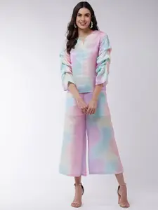 Zima Leto Women Pink & Blue Dyed Top with Palazzos