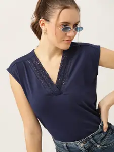 DressBerry Navy Blue Extended Sleeves Lace Regular Top