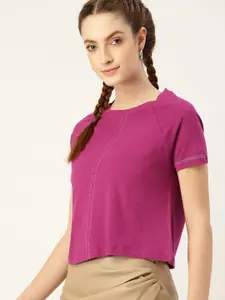 DressBerry Women Purple Solid Pure Cotton Raglan Sleeves T-shirt