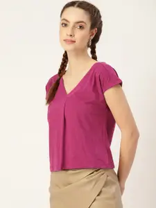 DressBerry Purple Solid Pure Cotton Extended Sleeves Regular Top