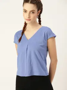 DressBerry Women Blue Pure Cotton V-Neck Extended Sleeves T-shirt