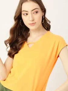 DressBerry Yellow Solid V-Neck Extended Sleeves Cut-Out Regular Top