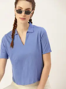 DressBerry Women Blue Pure Cotton Spread Collar T-shirt
