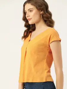 DressBerry Women Mustard Yellow Solid V-Neck Pure Cotton T-shirt