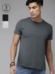 Roadster Men Pack of 3 Solid Round Neck T-shirt
