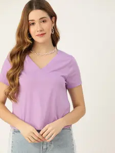 DressBerry Women Lavender V-Neck T-shirt