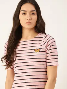 DressBerry Women Pink & Black Striped Applique Sustainable & Recycled T-shirt