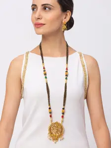 Digital Dress Room Gold-Plated Black & Red Beaded Long Mangalsutra With Earring Set