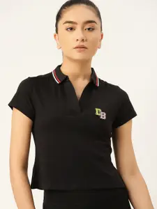 DressBerry Women Black Pure Cotton Solid Polo Collar T-shirt