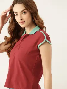 DressBerry Women Maroon Pure Cotton Polo Collar Extended Sleeves T-shirt