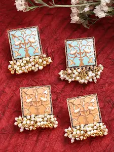 Yellow Chimes Set of 2 Gold-Plated Square Beaded Handcrafted Enamelled Earrings