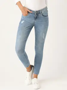 AND Women Blue Solid Skinny Fit Mildly Distressed Light Fade Stretchable Jeans
