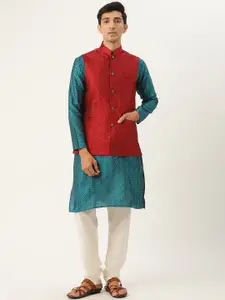 SOJANYA Men Teal Blue & Maroon Woven Design Kurta with Churidar & Nehru Jacket