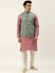 SOJANYA Men Pink Woven Design Kurta with Churidar & Nehru Jacket