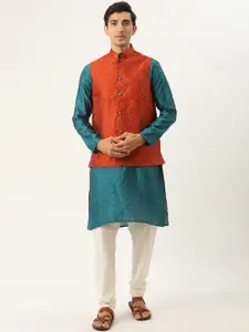 SOJANYA Men Teal Blue & Orange Woven Design Kurta with Churidar & Nehru Jacket
