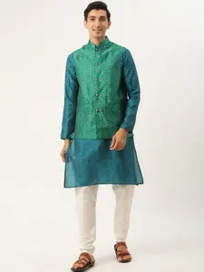SOJANYA Men Teal Blue & Green Woven Design Kurta with Churidar & Nehru Jacket