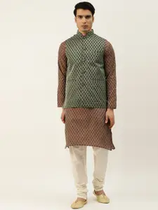 SOJANYA Men Maroon Woven Design Kurta with Churidar & Nehru Jacket