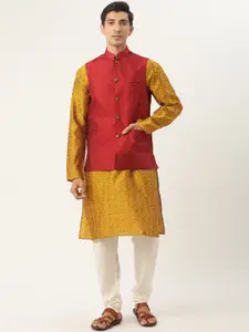 SOJANYA Men Mustard Yellow Jacquard Silk Kurta with Churidar & Nehru Jacket