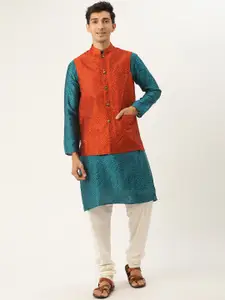 SOJANYA Men Teal Blue & Orange Woven Design Kurta with Churidar & Nehru Jacket