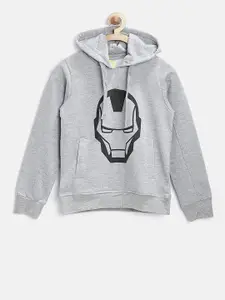 YK Disney Boys Grey Melange Avengers Iron Man Print Hooded Sweatshirt