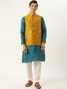 SOJANYA Men Teal Green Self-Design Kurta with Churidar & Nehru Jacket