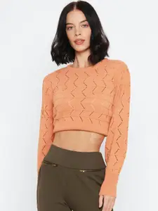 FOREVER 21 Women Peach-Coloured Self Design Acrylic Pullover Crop Sweater