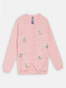 ELLE Girls Peach-Coloured Embellished Cardigan Sweater