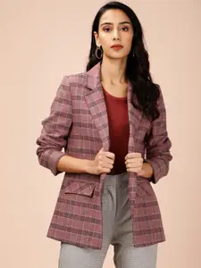 all about you Women Pink & Grey Single-Breasted Checked Casual Blazer
