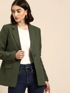 all about you Women Olive Green Solid Single-Breasted Casual Blazer