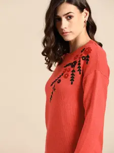 all about you Women Coral Floral Embroidered Pullover
