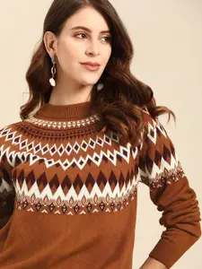 all about you Women Brown & White Fair Isle Pullover